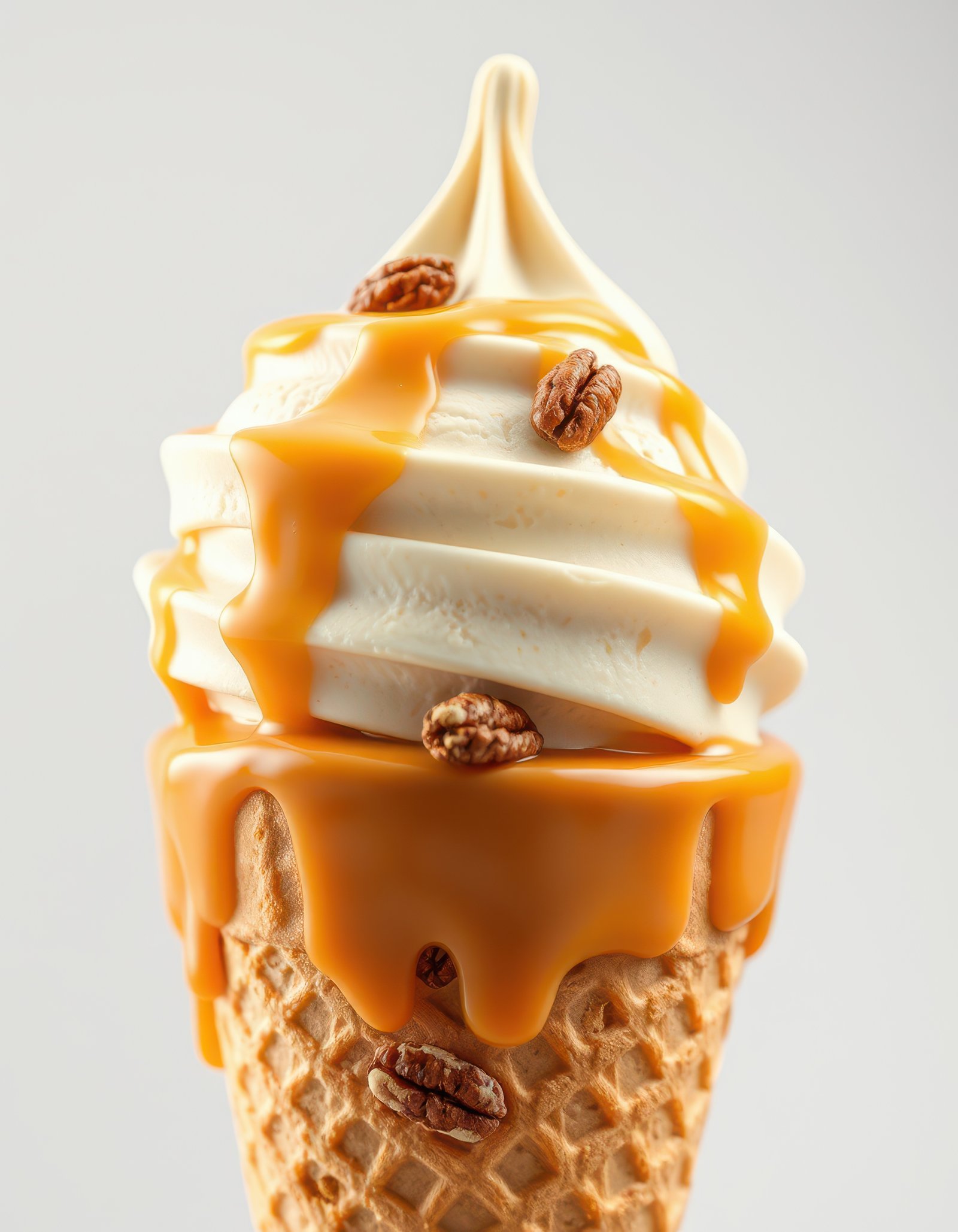 Creamy caramel swirl ice cream topped with crunchy nuts in a waffle cone served in a bright setting
